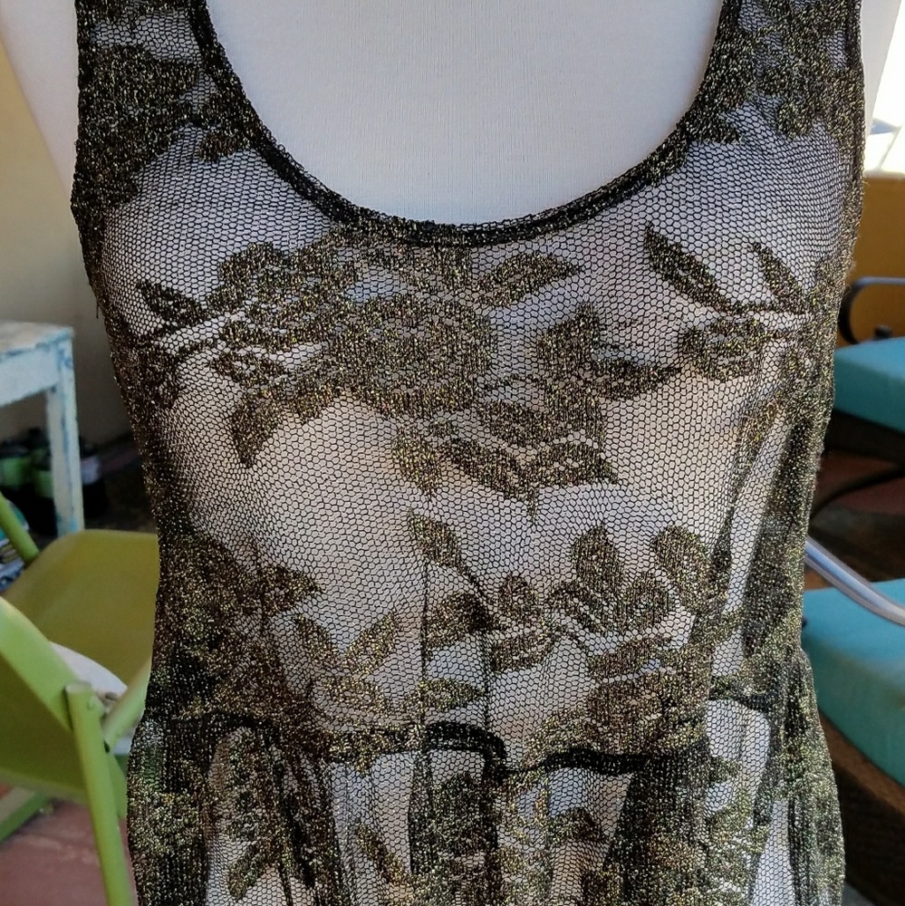 Sheer Black Gold Lame Floral Empire Top Tunic sz S